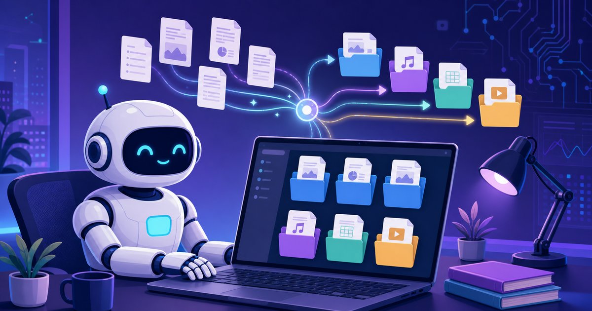 机の上のノートPCで、AIアシスタントが自分でファイルを整理しているイメージ