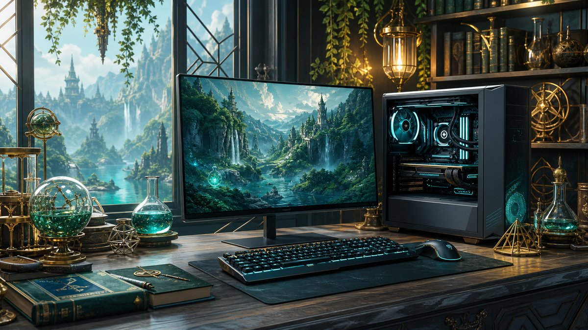 ユミアのアトリエを楽しむゲーミングPCと錬金術の世界を描いたイメージ