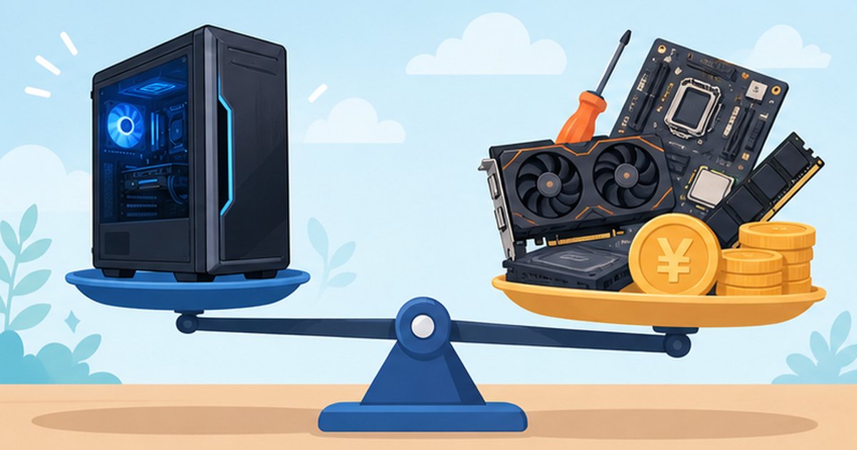 BTOパソコンと自作PCの費用を天秤で比較するイメージ