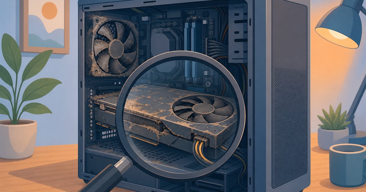 外からは見えない中古ゲーミングPC内部の劣化を虫めがねで調べるイメージ