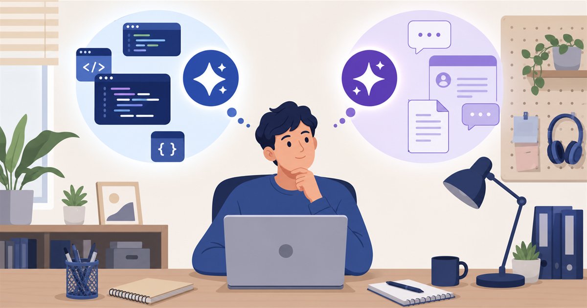 2つのAIアシスタントから用途に合う方を選ぶイメージイラスト