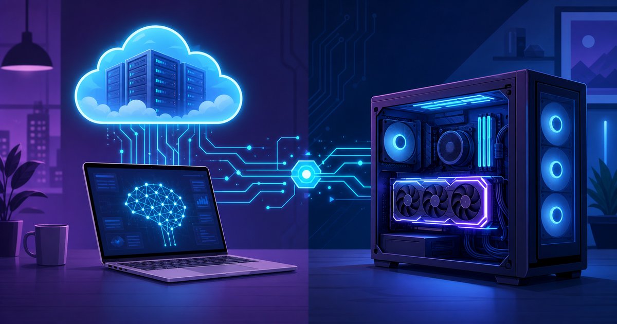 クラウドで動くAIと自分のPCで動かすAIの違いを表したイメージ