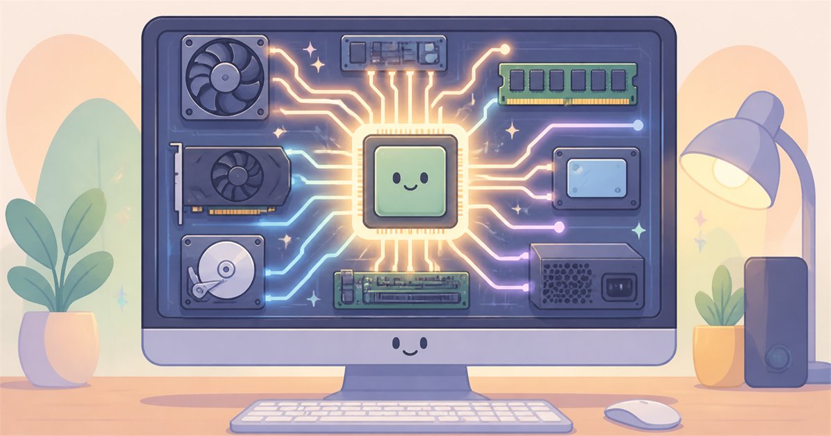 パソコンの頭脳・司令塔として働くCPUのイメージイラスト