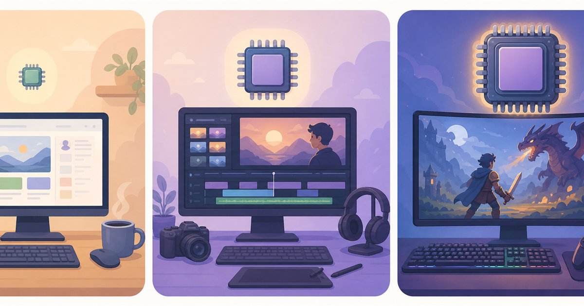 用途ごとに必要なCPU性能の目安が変わることを表すイメージイラスト