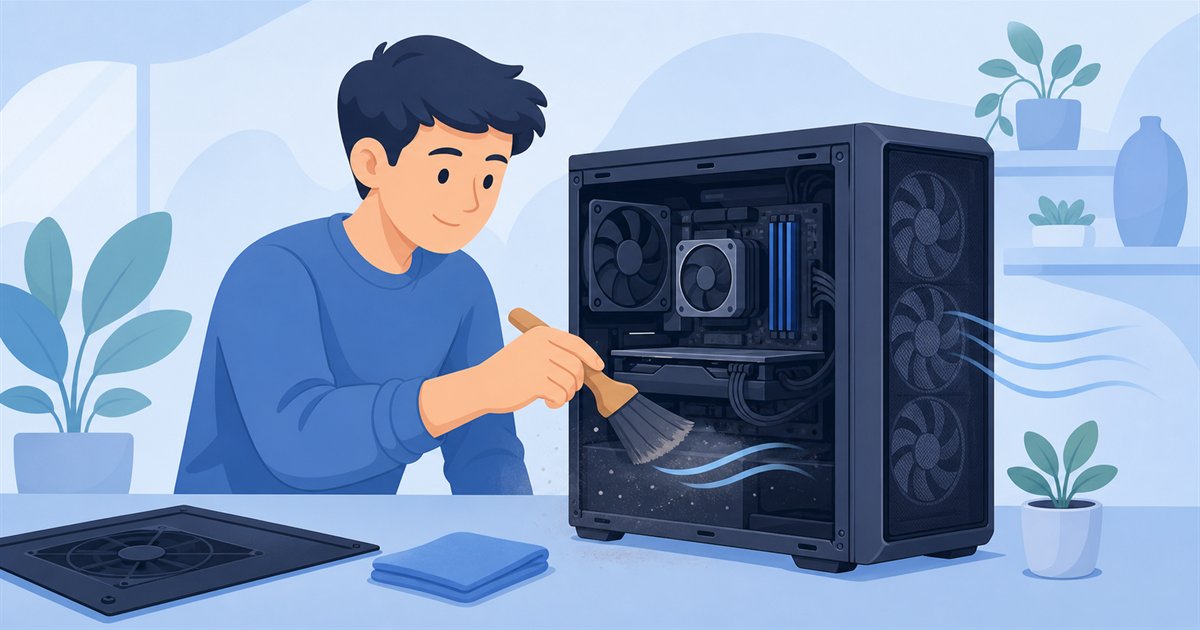パソコン内部を清掃して温度を下げる作業のイメージ