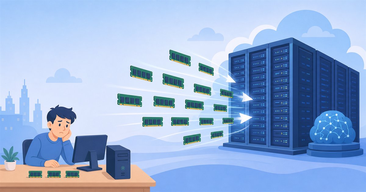 AI用データセンターがメモリを大量に必要とし、家庭用PC向けの供給が減っている様子のイメージ