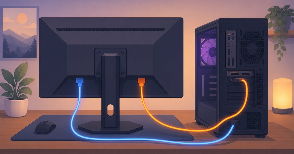 DisplayPortとHDMIの2種類のケーブルでモニターにつなぐイメージ