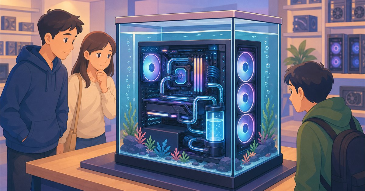 水槽に沈んだ油冷PCの展示を眺めるイメージ