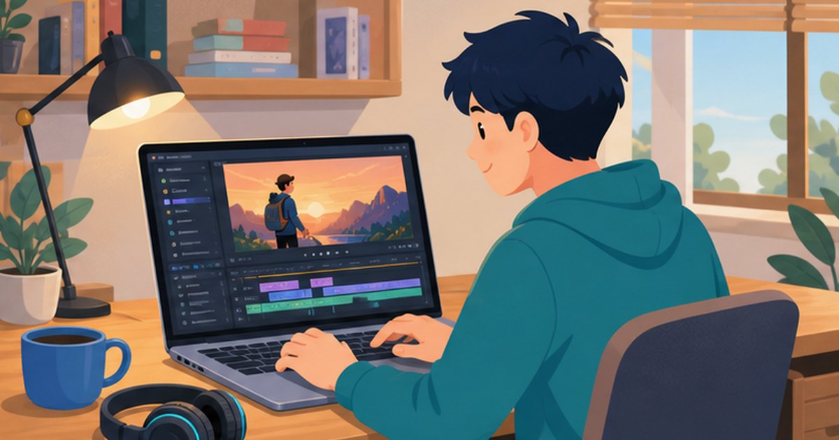 ノートパソコンで動画編集をしている様子のイメージイラスト