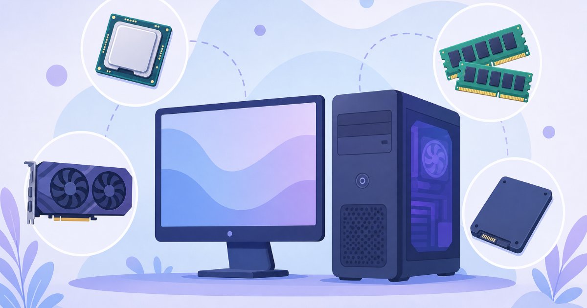 動画編集用パソコンを支える4つの主要パーツ(CPU・GPU・メモリ・ストレージ)のイメージイラスト