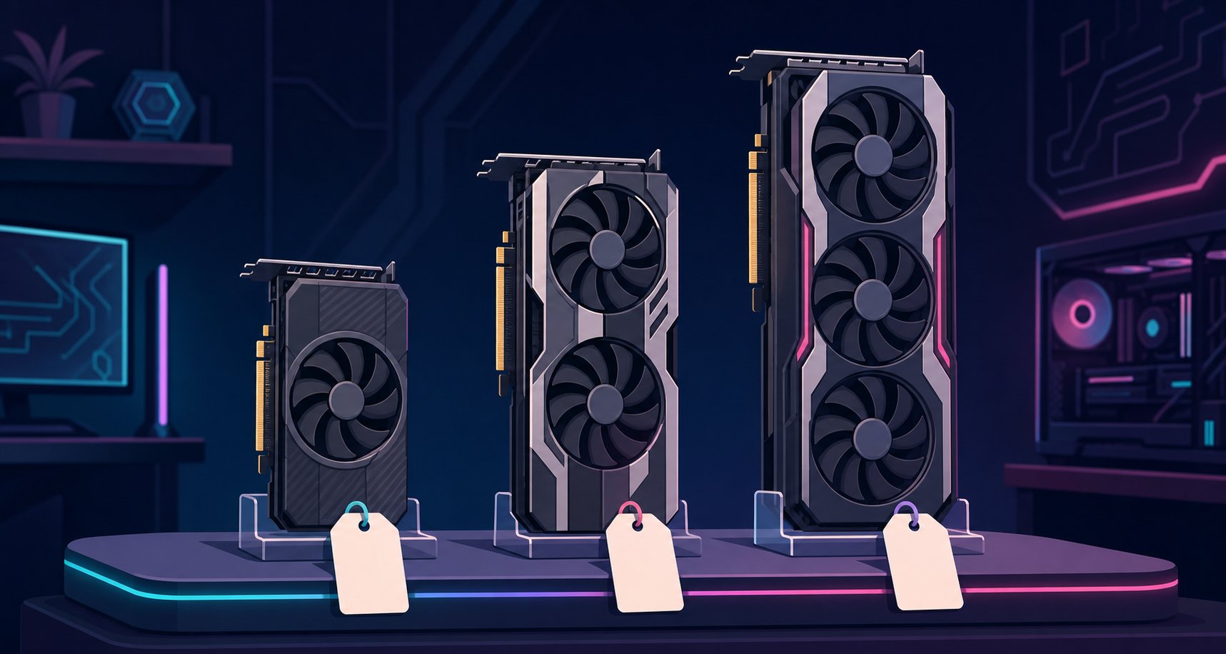 RTX 5060 Ti・5070・5070 Tiの価格差を比較するイメージのイラスト