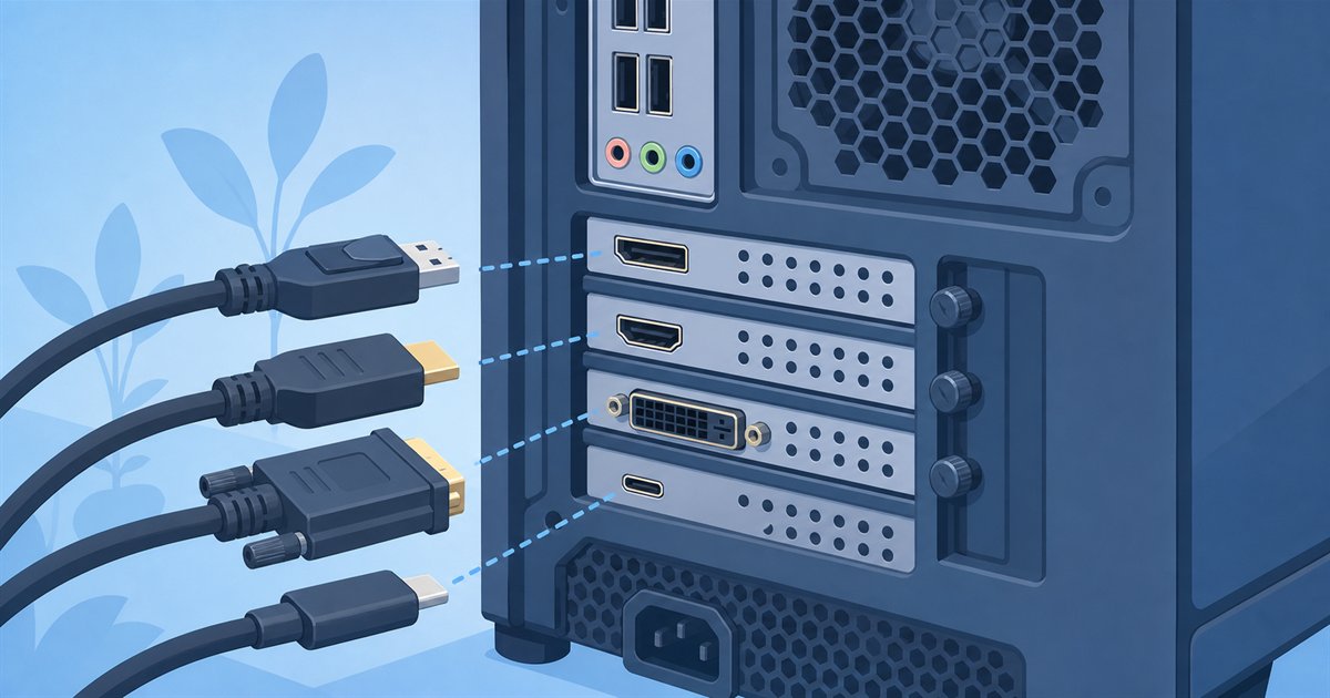 パソコン背面の映像出力端子を確認しているイメージ