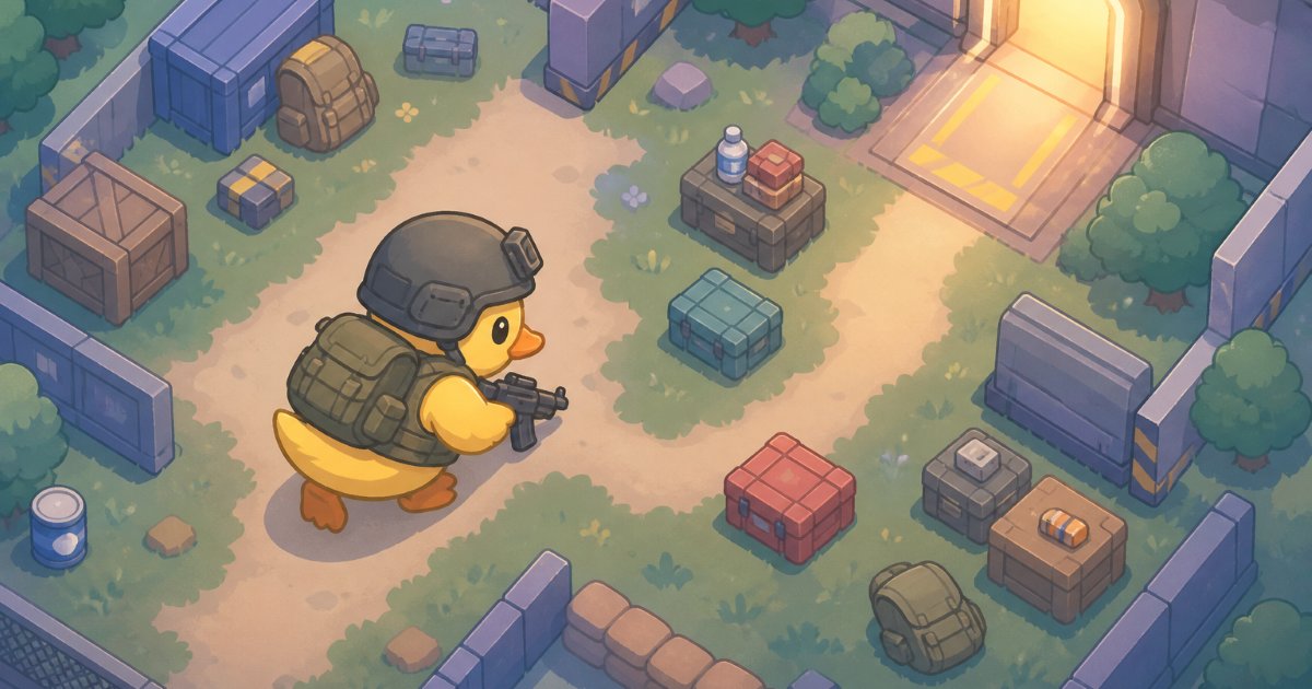 アヒルが物資を集めて脱出を目指すゲームのイメージイラスト