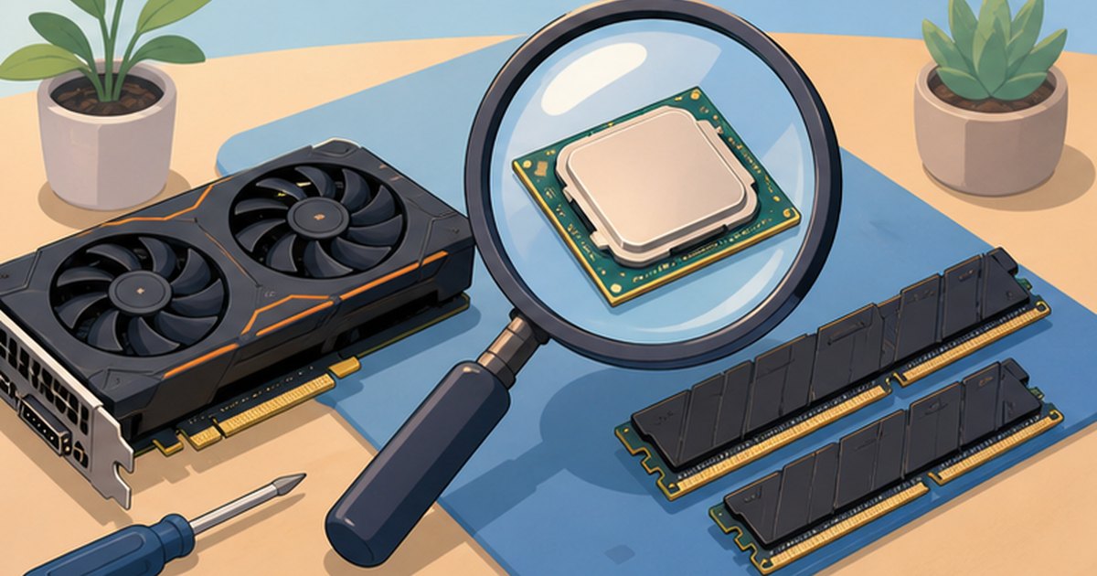 PCパーツのスペックを一つずつ確認するイメージイラスト