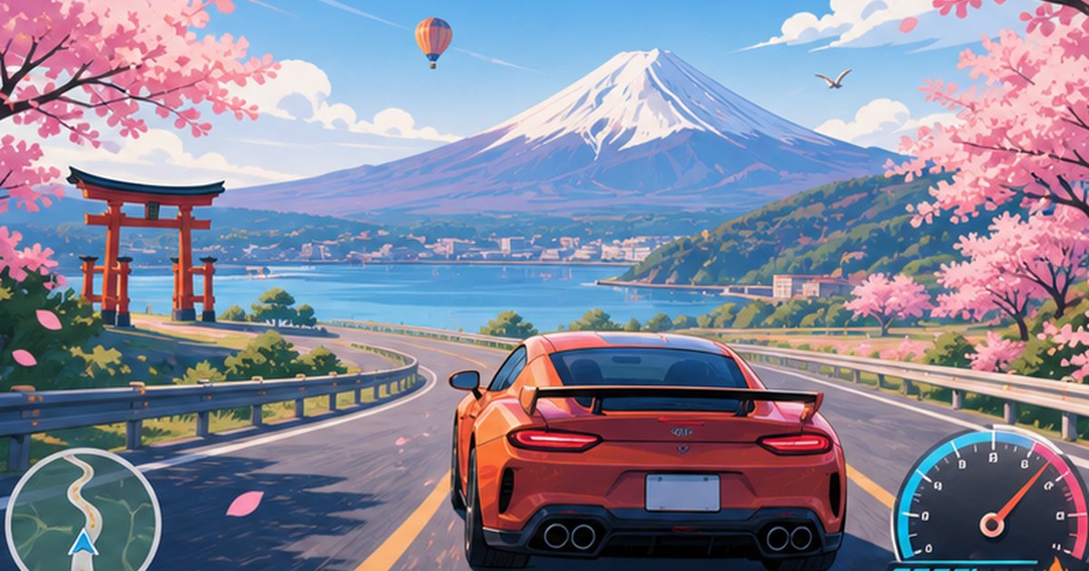 富士山と桜を背景に日本の海沿いの道を走るスポーツカーのイメージイラスト
