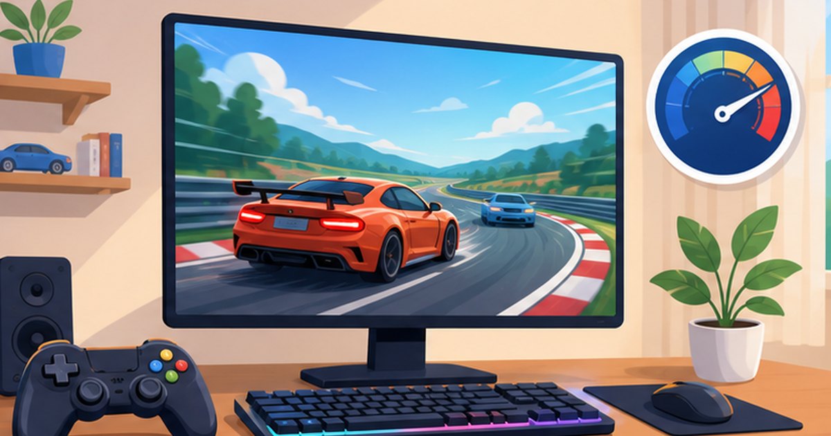 画面の隅にfpsカウンターが表示されたゲーミングPCのイメージイラスト