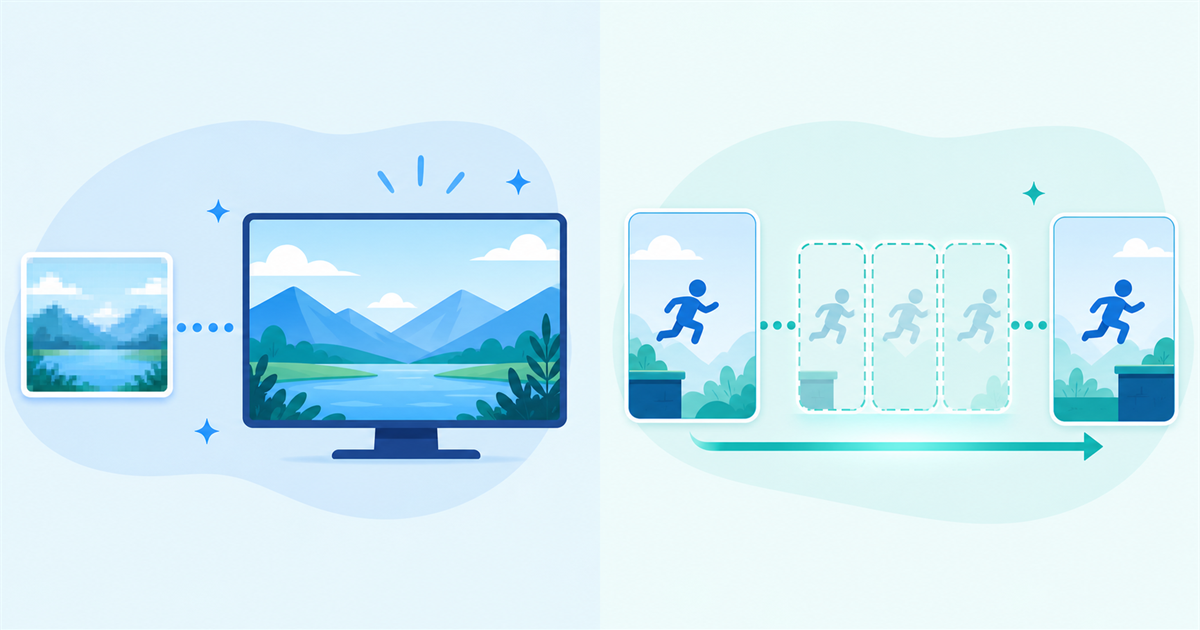 アップスケーリングとフレーム生成の違いを表したイラスト