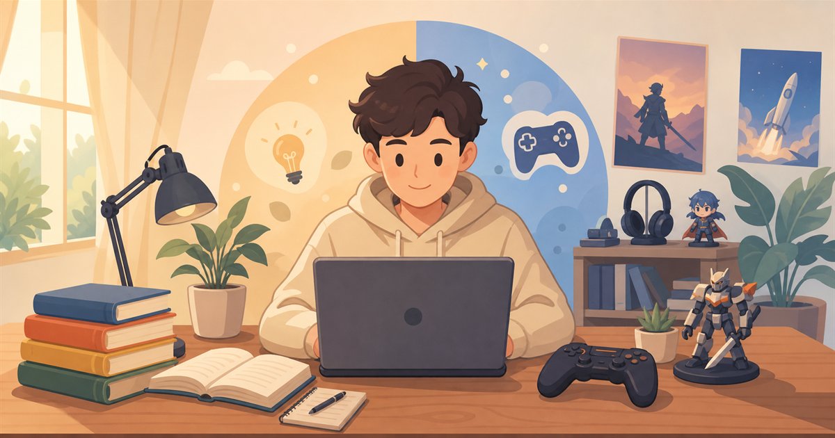 勉強とゲームを両立する学生とノートPCのイメージ