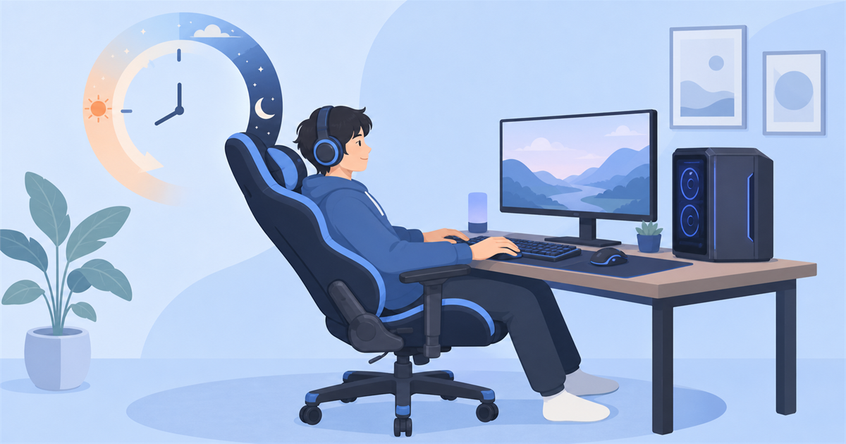 長時間PCの前に座る人にゲーミングチェアが向いていることを表したイメージ