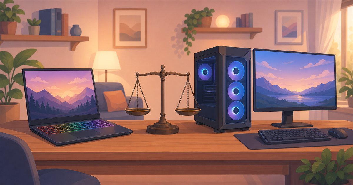 ゲーミングノートとデスクトップPCの使い分けを比較するイメージイラスト