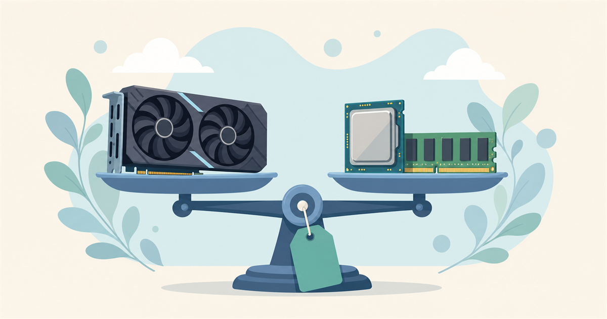 買取価格を左右するGPU・CPU・メモリを天秤にかけるイラスト