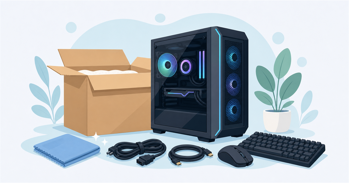 付属品をそろえ清掃したゲーミングPCを売る準備のイラスト
