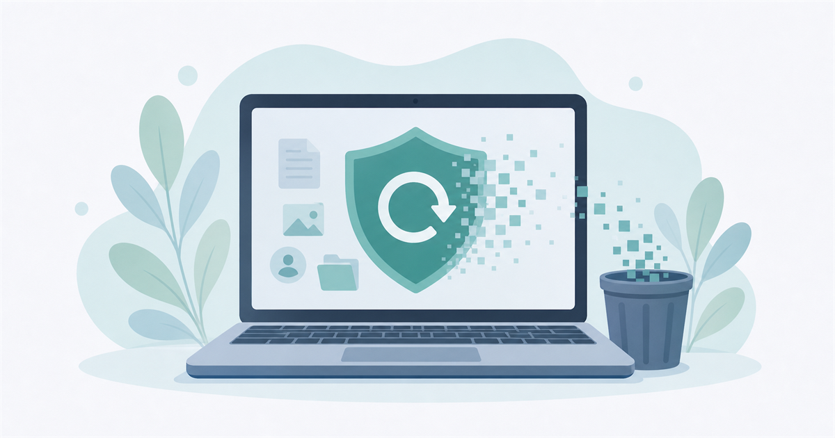PCのデータを安全に消去することを表す盾とリセットのイラスト