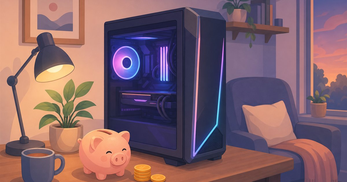 ゲーミングPCと貯金箱が並ぶ机のイメージ(電気代は思ったより手頃)