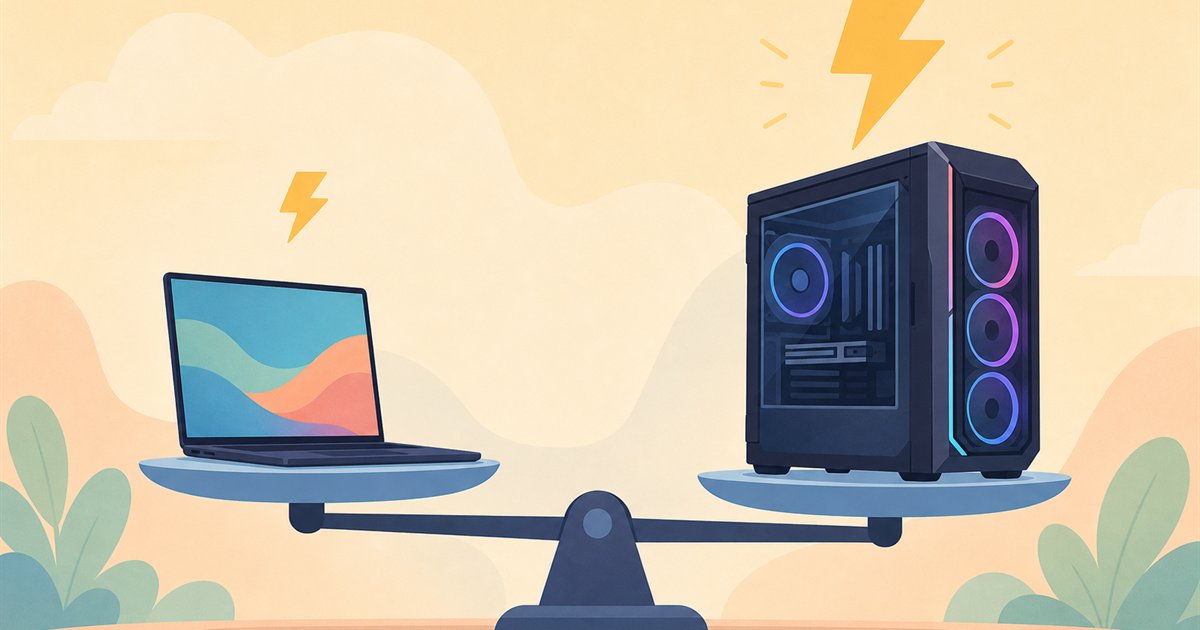 ノートパソコンとゲーミングPCの電気代を天秤で比べるイメージ