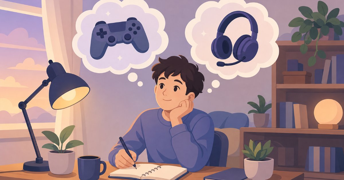 遊びたいゲームと用途をメモに書き出す様子のイメージ