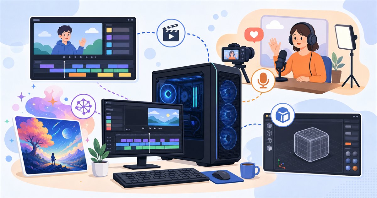 ゲーム以外にも動画編集・配信・AIで活躍するゲーミングPCのイメージ
