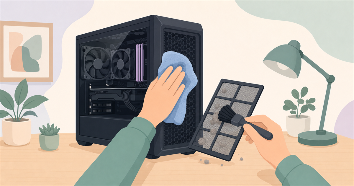 月ごとにPCの外側や吸気フィルターのホコリを掃除するイメージ