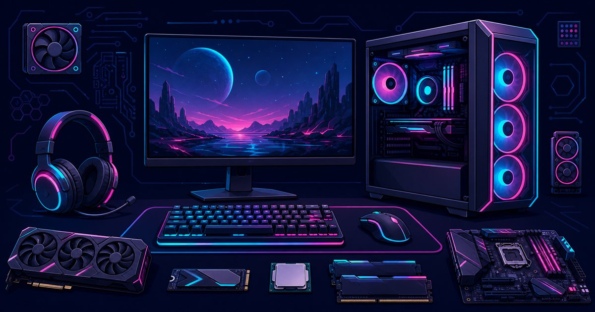 ゲーミングPC一式に必要な機材を並べたイメージイラスト