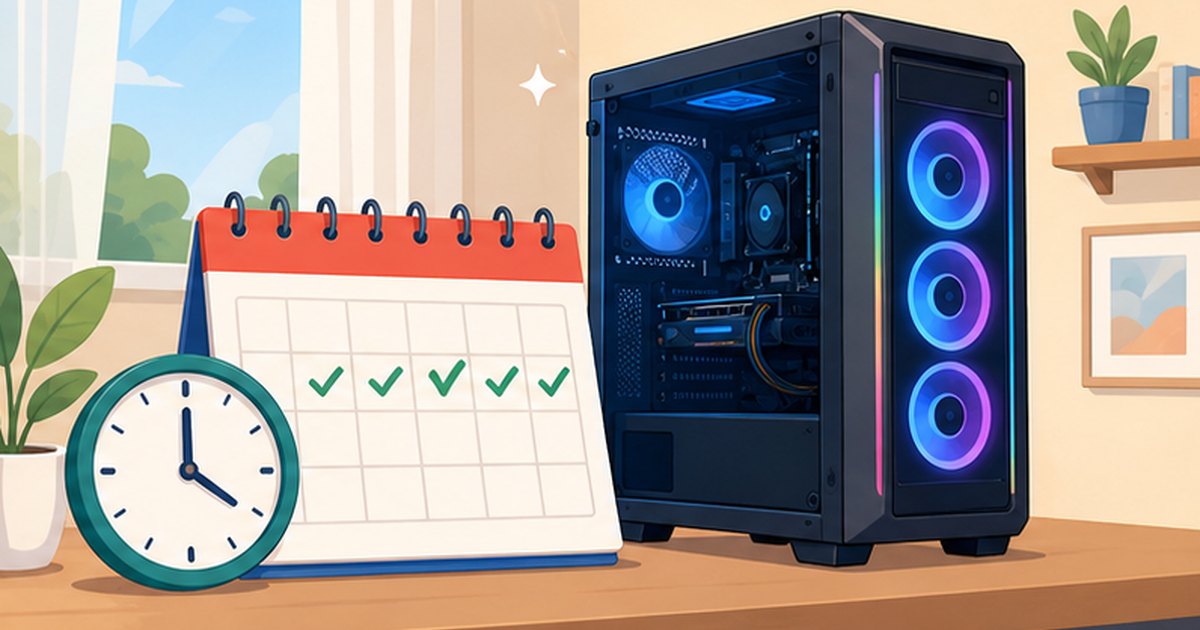 カレンダーと時計とゲーミングPCで定期的な掃除の頻度をイメージしたイラスト