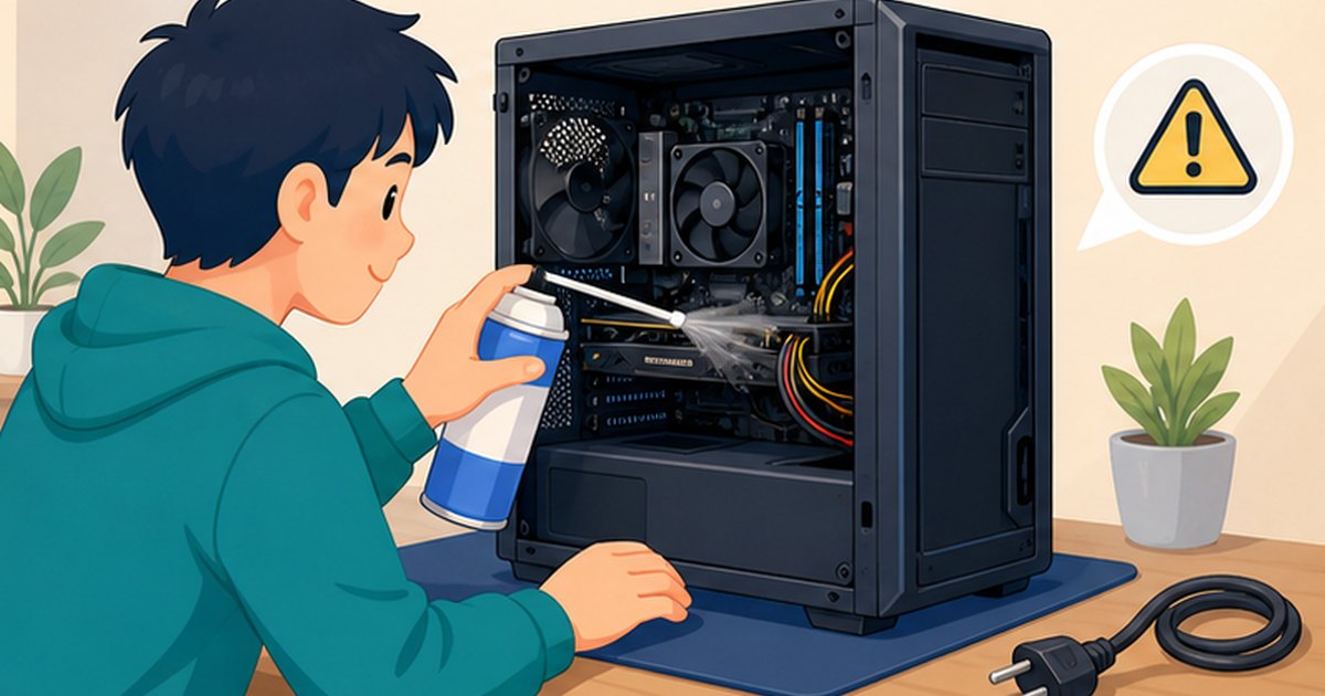 電源ケーブルを抜いてエアダスターでゲーミングPC内部を掃除する様子のイラスト