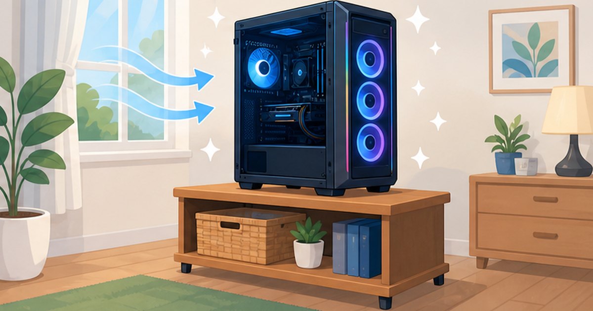 床から離した台の上に置かれた清潔なゲーミングPCのイラスト