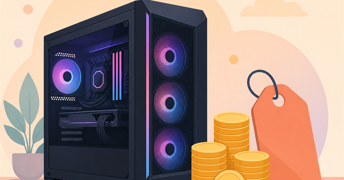 ゲーミングPCの予算相場のイメージイラスト（PC本体と積み上がったコイン、値札）