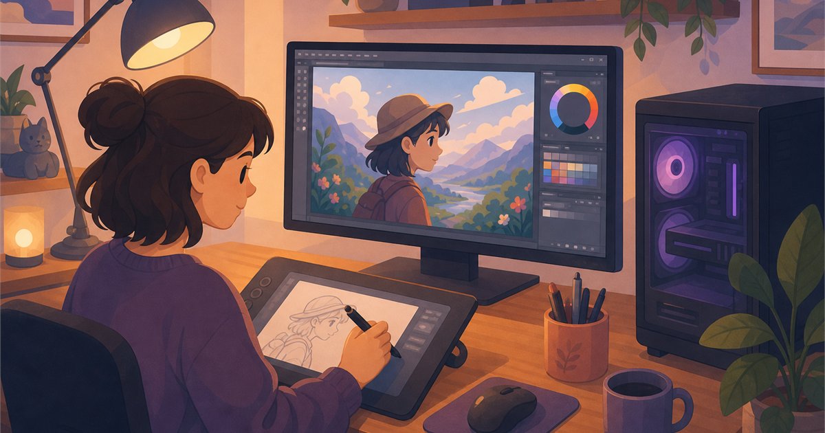ペンタブレットでイラストを描くデスク環境のイメージ