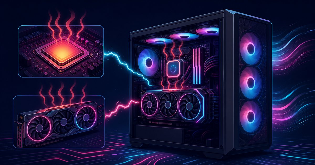 高負荷で電力と熱が一気に跳ね上がるゲーミングPCのイメージ
