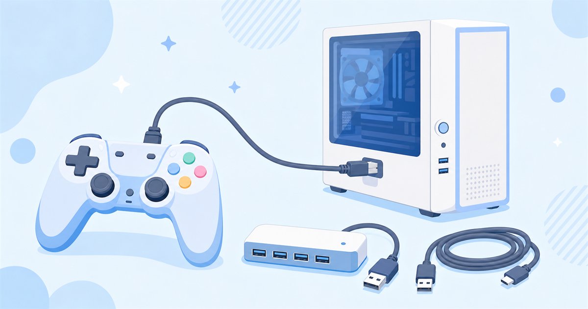 USBケーブルでパソコンにつないだゲームコントローラーのイメージ