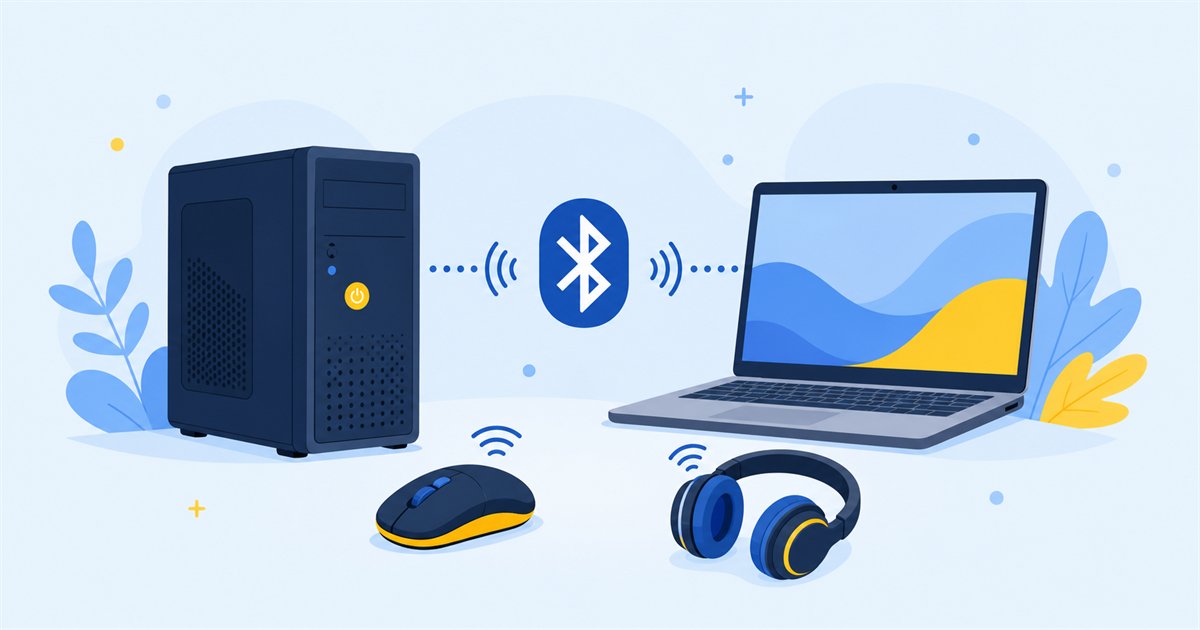 デスクトップPCとノートPC、ワイヤレスマウスやヘッドホンのイラスト
