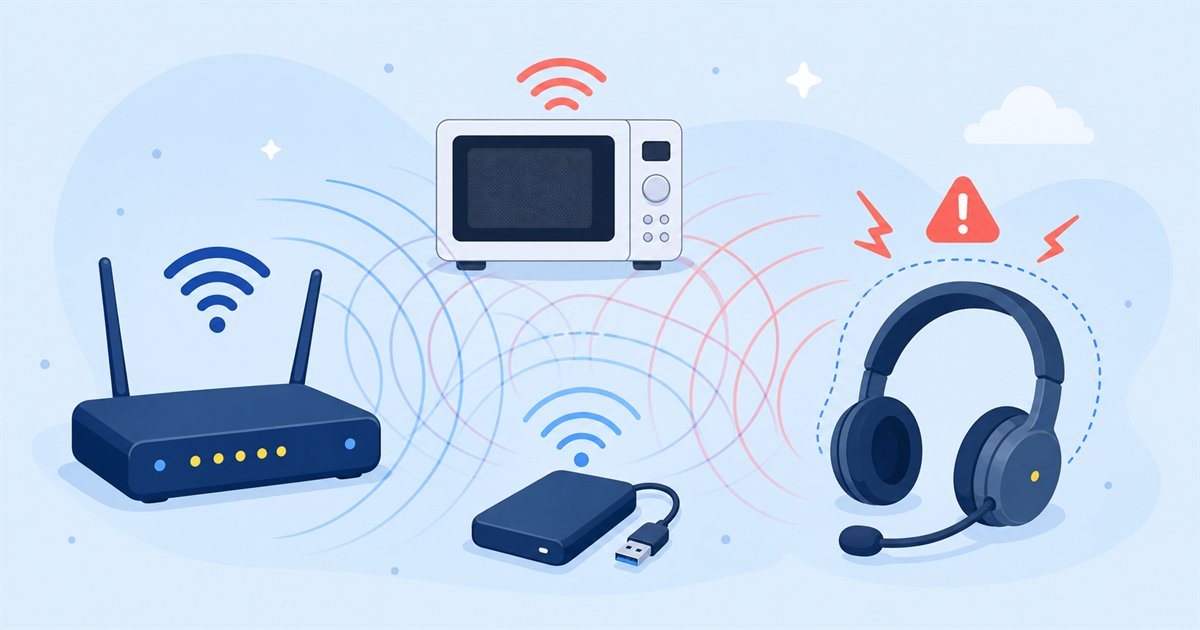 無線ルーターや電子レンジ、USB機器が電波干渉を起こすイメージイラスト