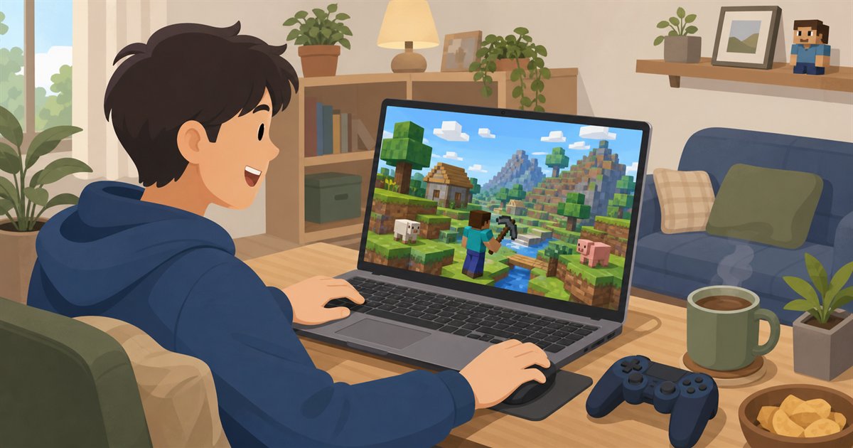 ノートパソコンでボクセル風のゲームを楽しくプレイする人のイメージ