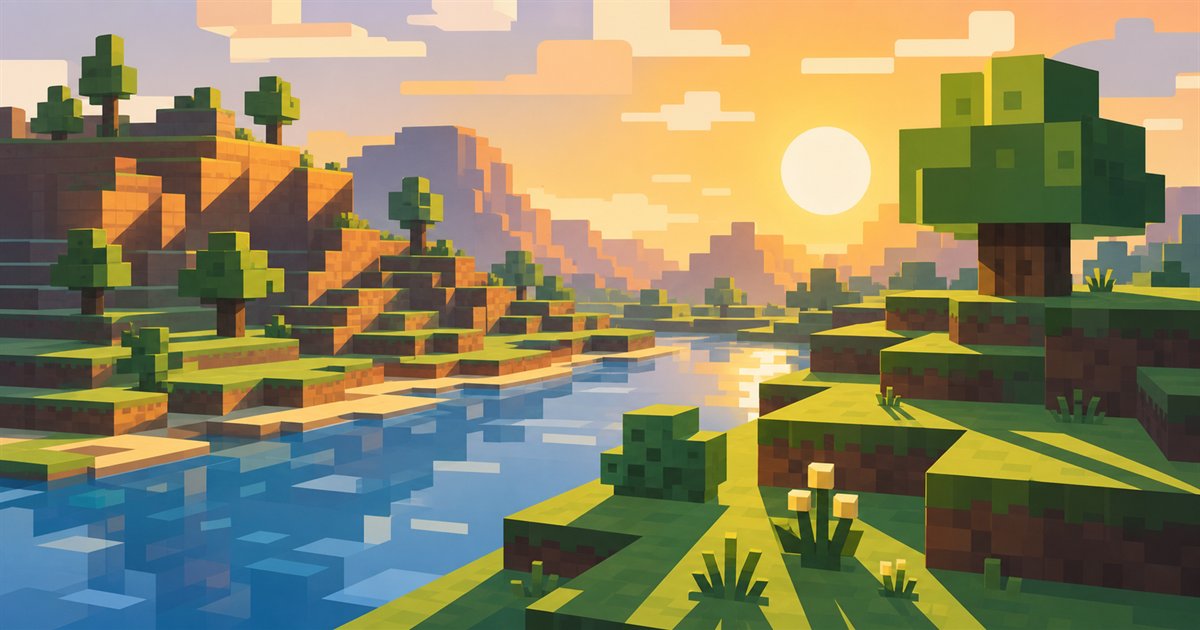光と影が美しいボクセル風の風景、重い描画処理をイメージした情景