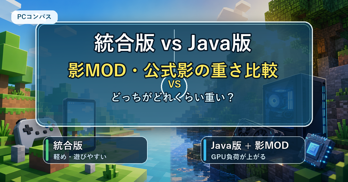 マインクラフト統合版とJava版、影MODと公式影の重さを比較する記事のアイキャッチ