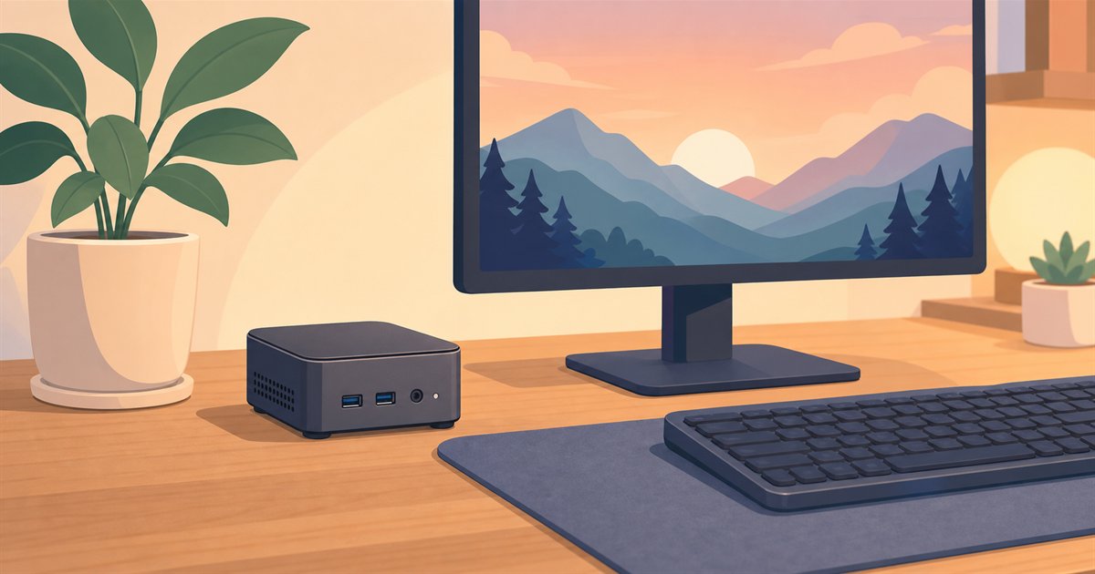 手のひらサイズの内蔵GPUミニPCを机に置いたイメージ