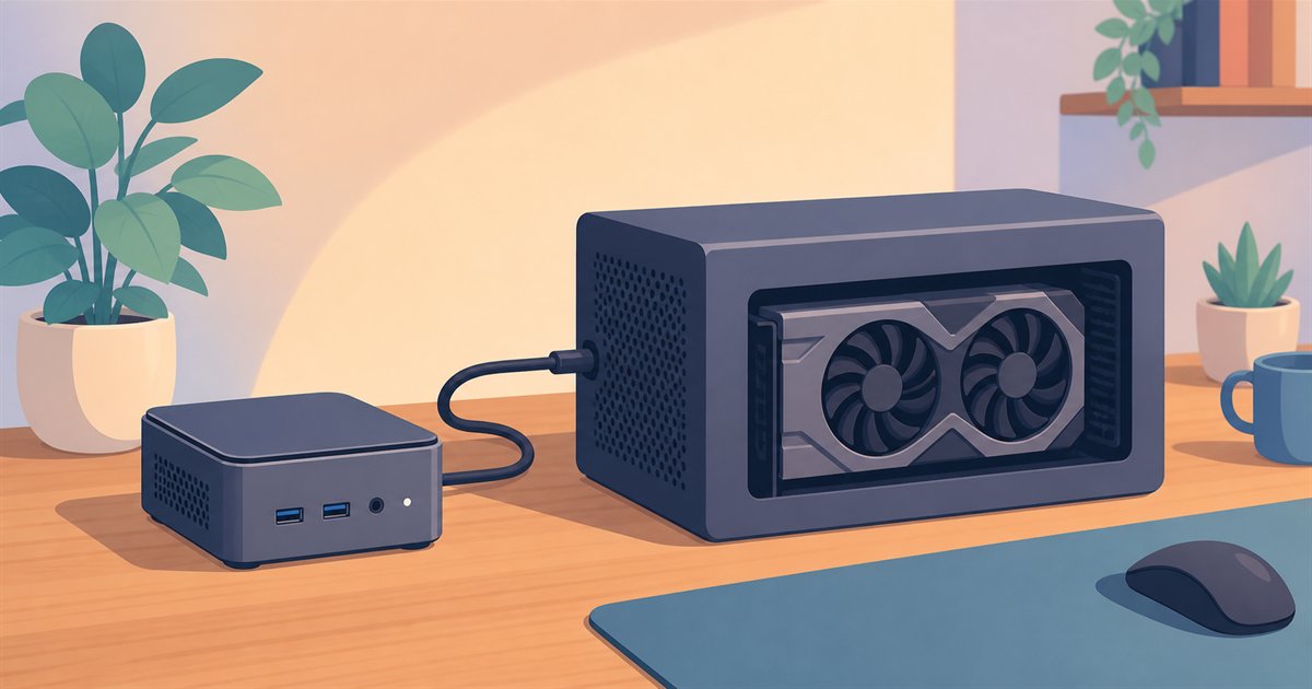 ミニPCとケーブルでつないだ外付けグラフィックボックスのイメージ