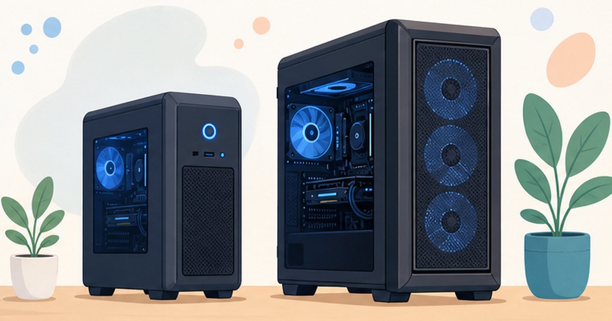 大きさの異なるミニタワーとミドルタワーのPCケースを並べて比較しているイメージ