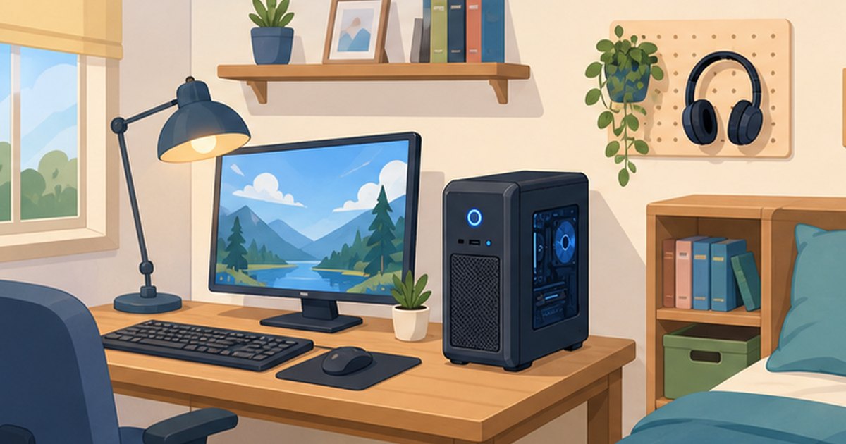 狭いデスクにすっきり置かれたコンパクトなミニタワーPCのイメージ
