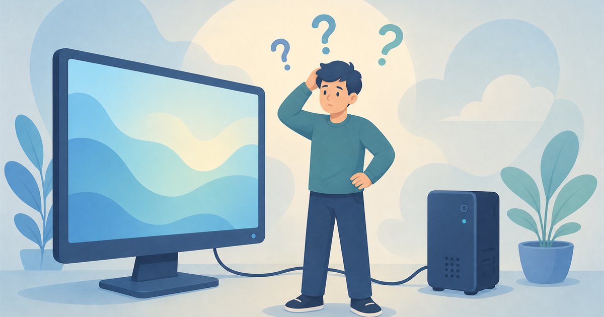 モニターとパソコンの組み合わせに戸惑う人のイメージ